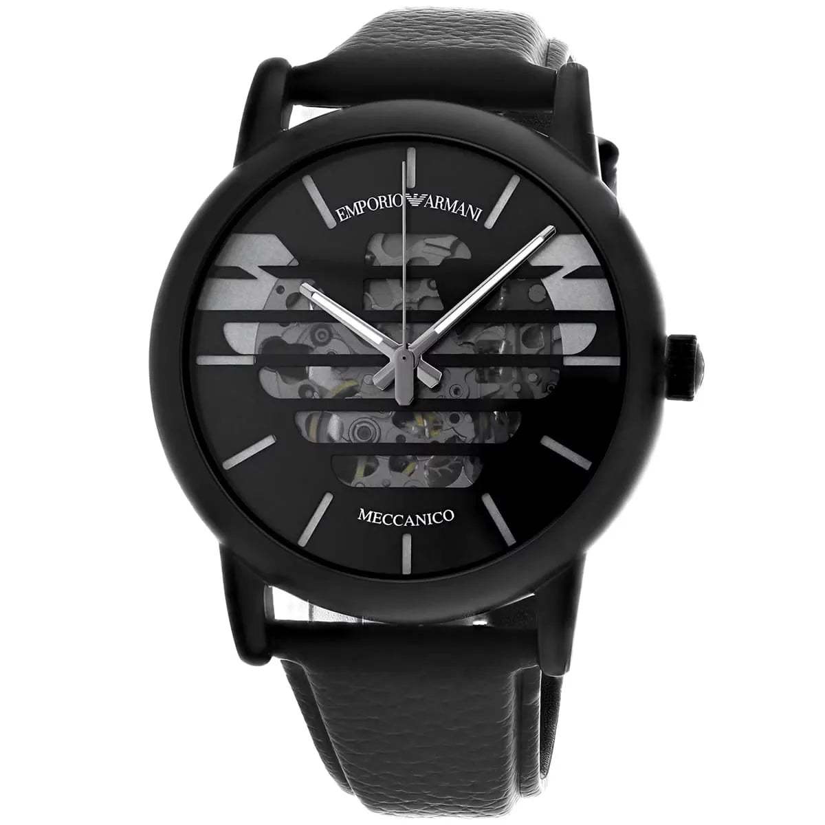 Emporio Armani Luigi AR60032 skeleton watch angled view showing dial and movement