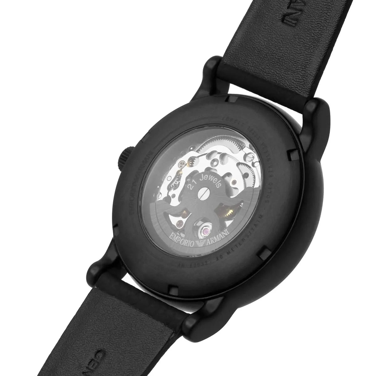 Emporio Armani Luigi AR60032 skeleton watch worn on wrist with leather strap