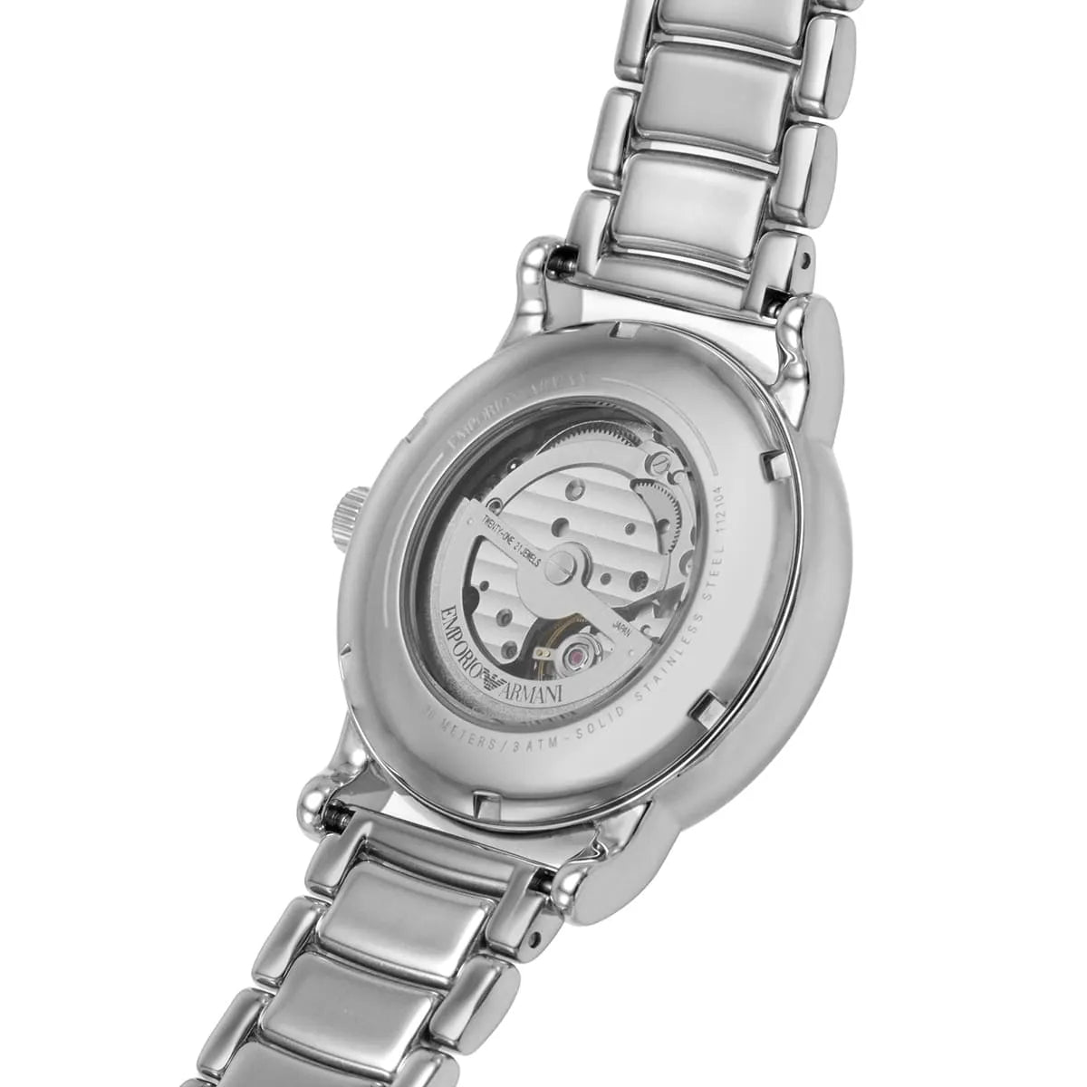 Angled three-quarter view of Luigi chronograph with blue dial and skeleton movement visible