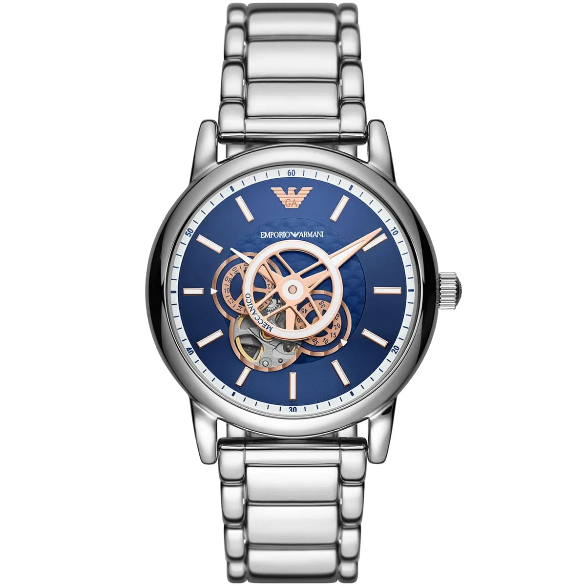 Front view of Luigi chronograph with skeleton dial showing rose gold movement against blue background