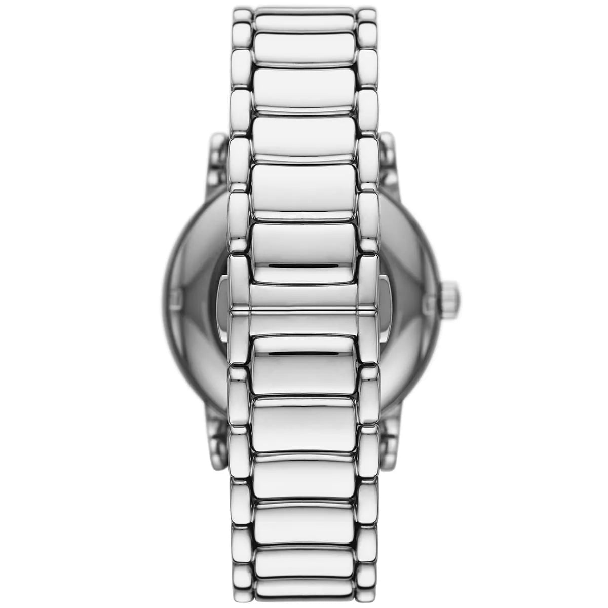 Side view of Emporio Armani Luigi watch showing silver stainless steel bracelet