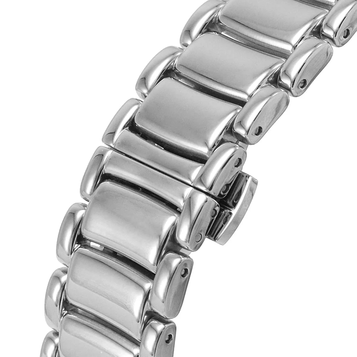 Close-up detail of polished silver stainless steel three-link bracelet
