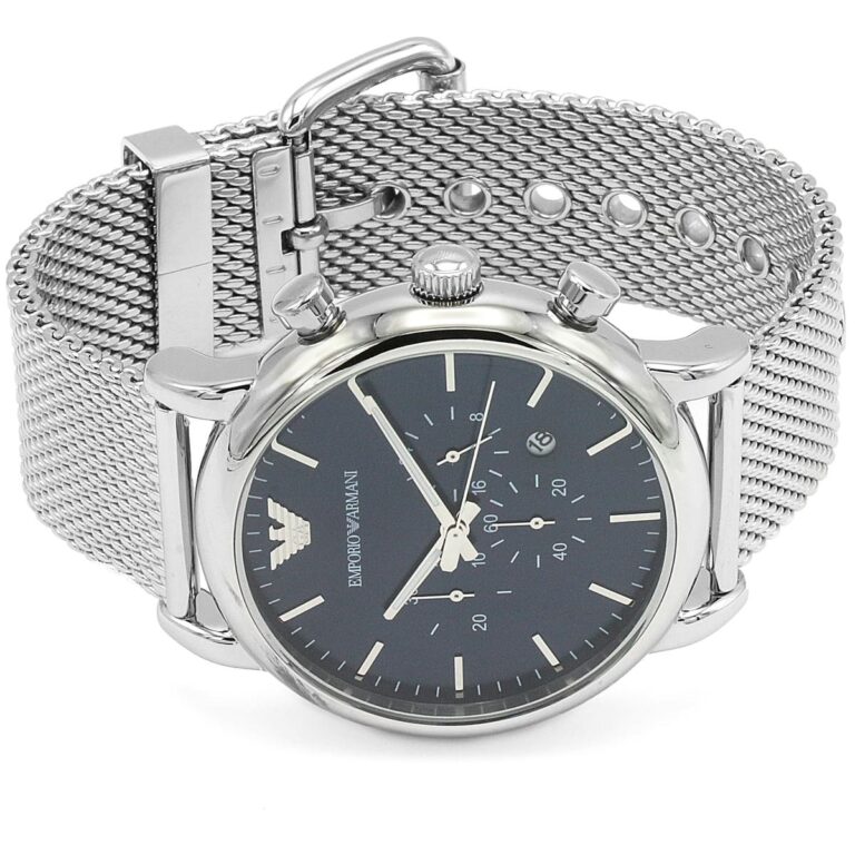 Emporio Armani Luigi watch on white background showing dial and mesh strap detail