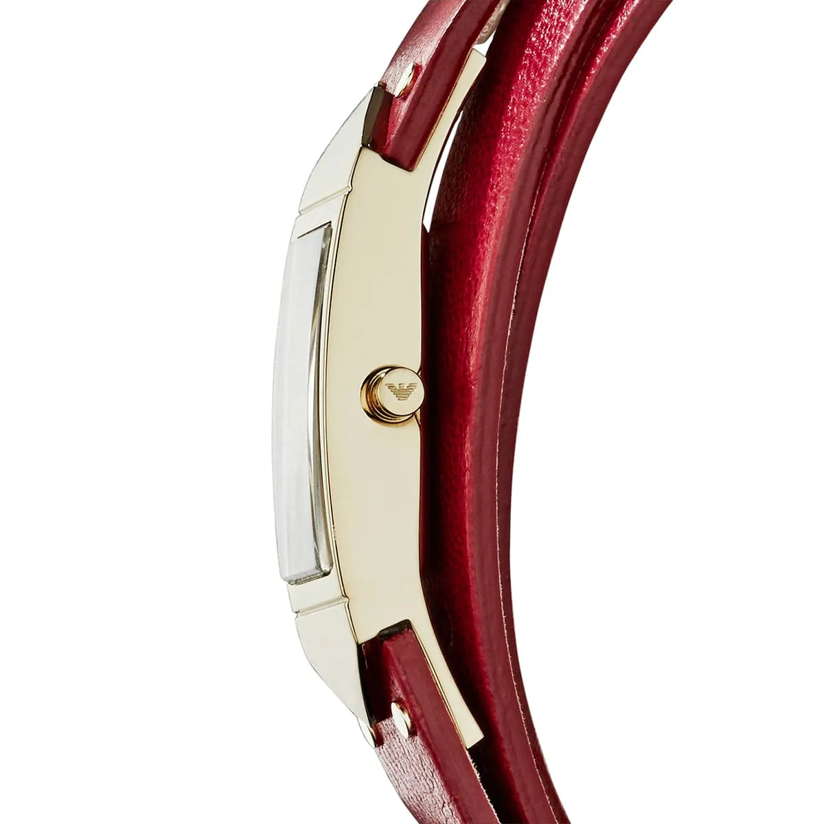 Emporio Armani Marco Catwalk AR7357 side view showing cream case and red wrap-around leather strap