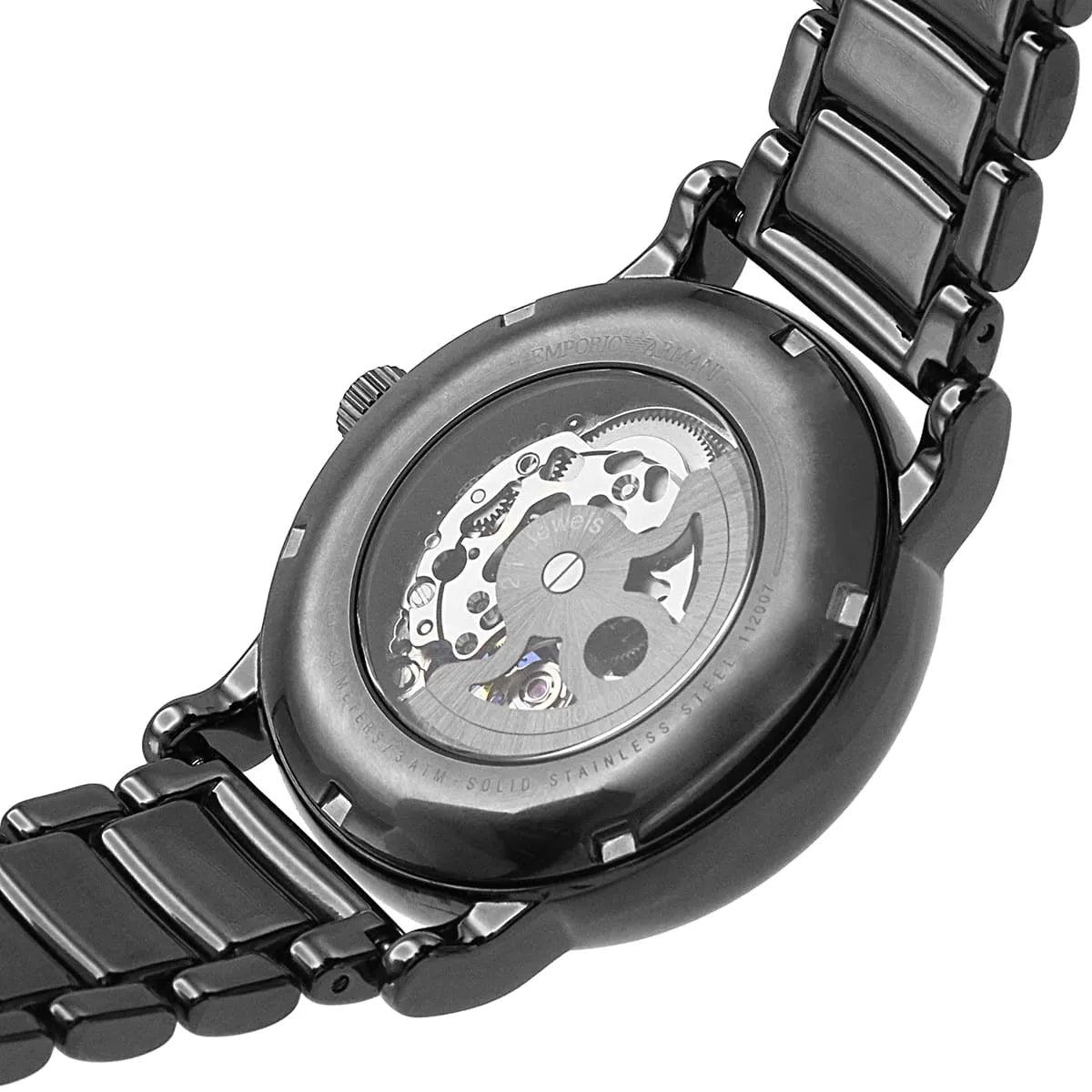 Exhibition caseback showing automatic mechanical movement of Emporio Armani Meccanico watch