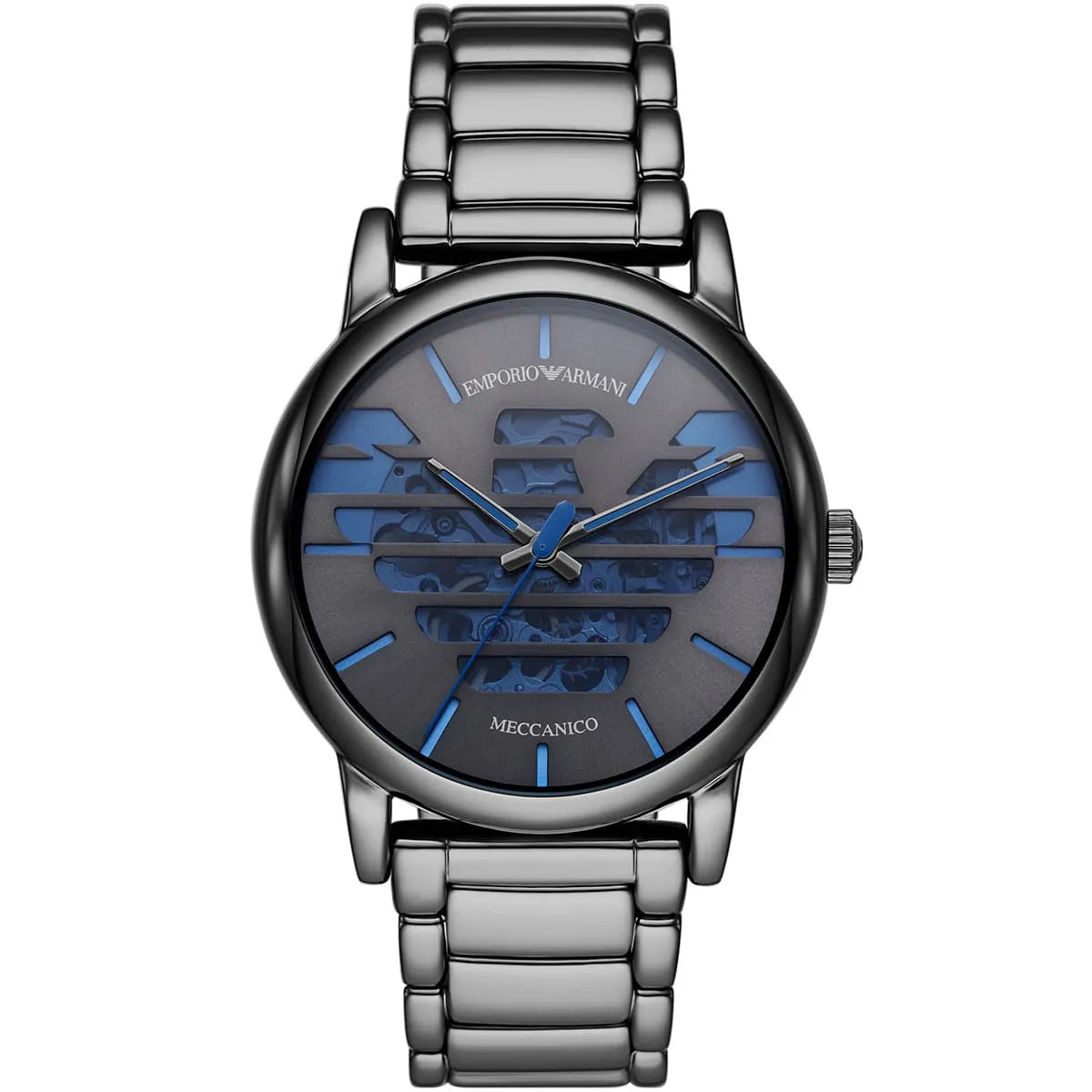 Front view of Emporio Armani Meccanico men's watch with visible mechanical movement and steel strap