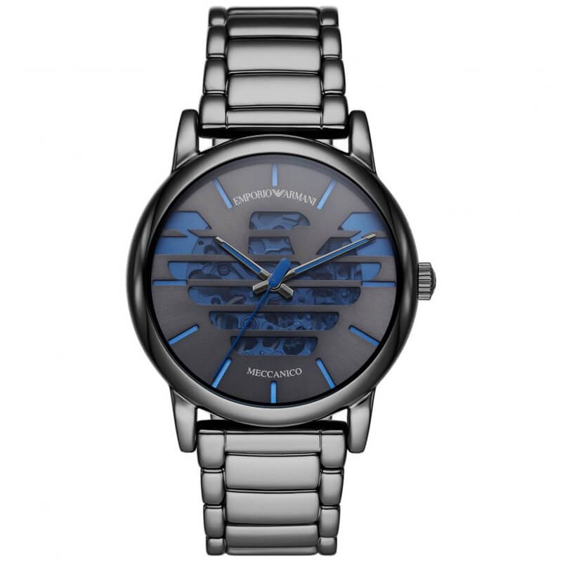 Emporio Armani Meccanico automatic watch with grey dial, blue accents, and steel bracelet