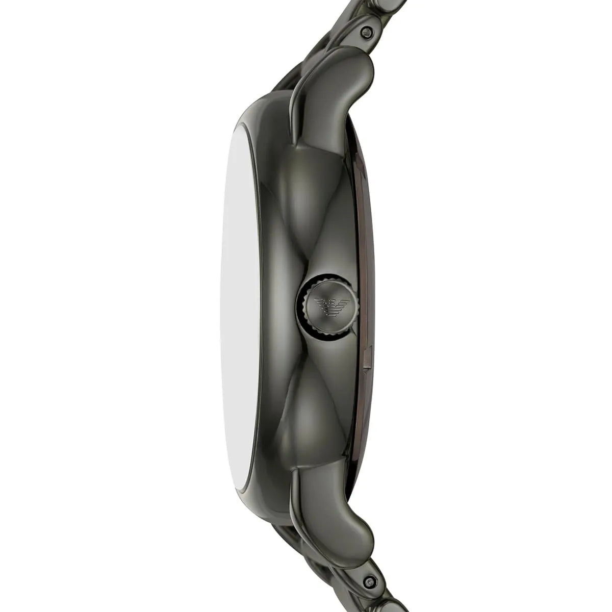 Side profile view of Emporio Armani Meccanico watch case and steel bracelet