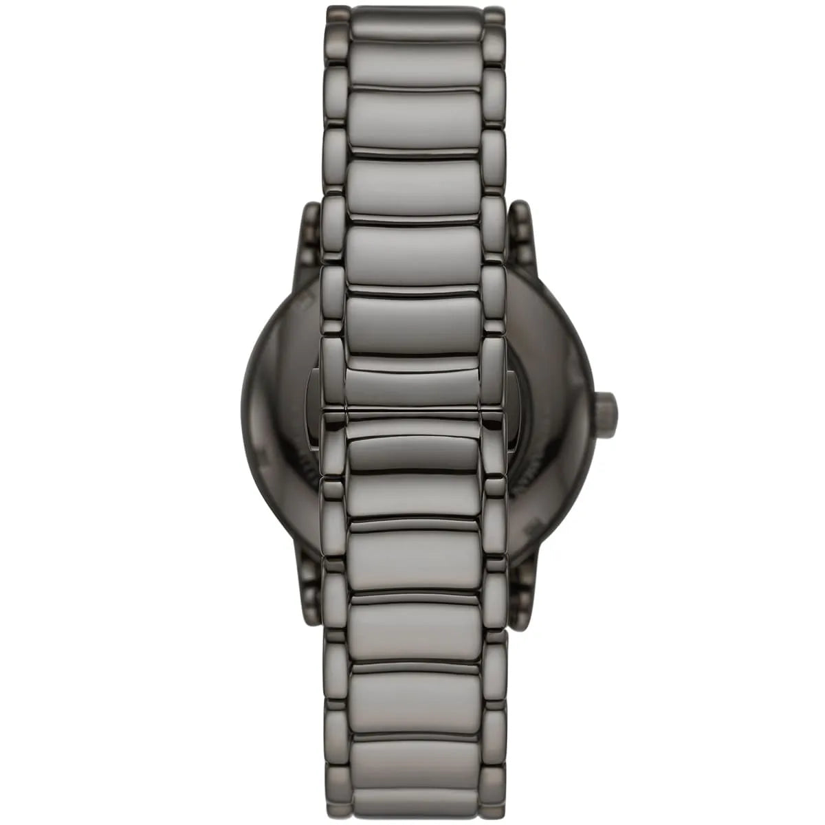 Stainless steel bracelet strap of Emporio Armani Meccanico watch shown from back