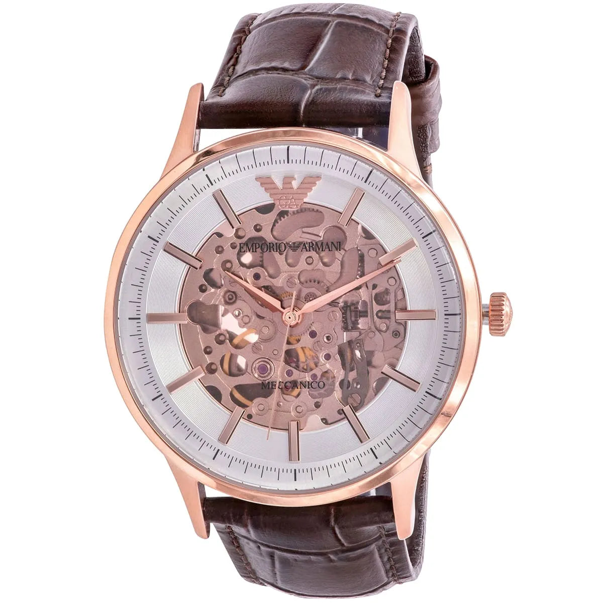 Angled view of Meccanico automatic watch showing rose gold case and crocodile-pattern brown leather strap