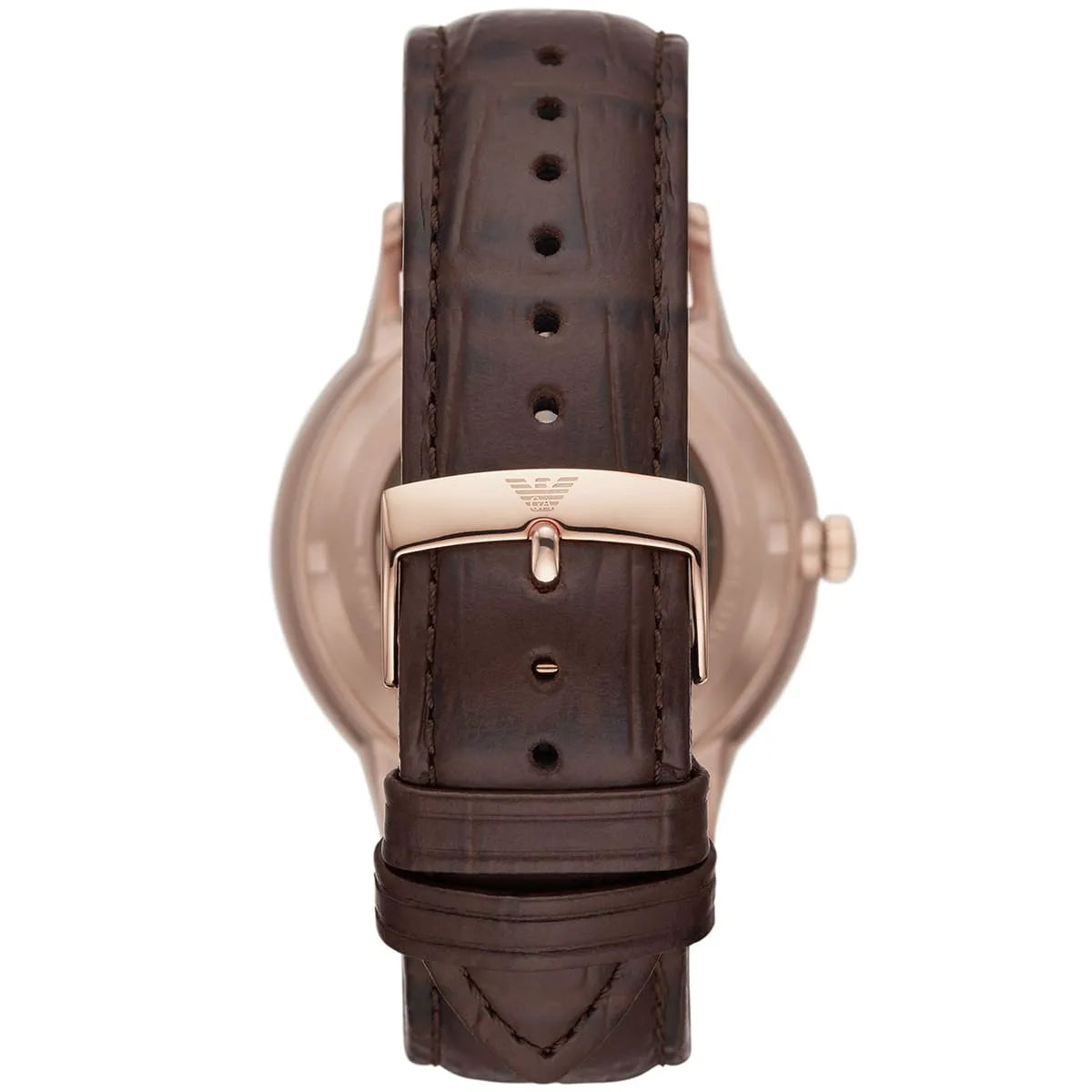 Caseback view of Emporio Armani Meccanico showing automatic movement and brown leather strap