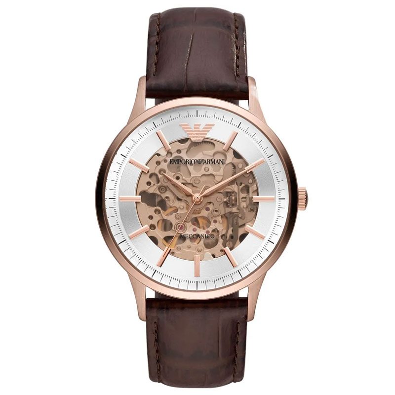 Emporio Armani Meccanico automatic watch with skeleton dial, rose gold case, and brown leather strap