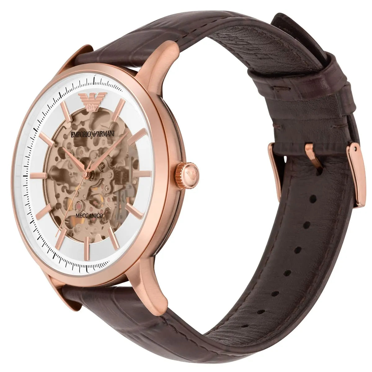 Meccanico automatic watch on wrist showing skeleton dial and brown leather strap