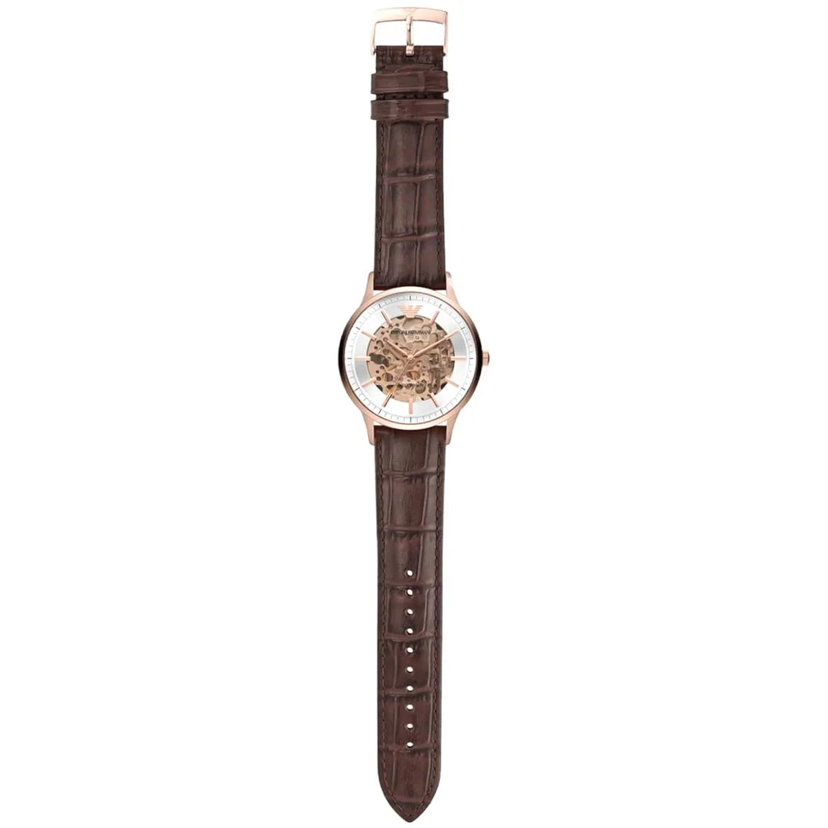Close-up of brown crocodile-pattern leather strap with rose gold buckle