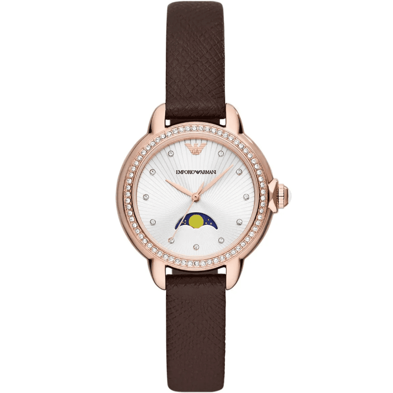 Emporio Armani Mia quartz watch with silver dial, moonphase, diamond bezel, and brown leather strap