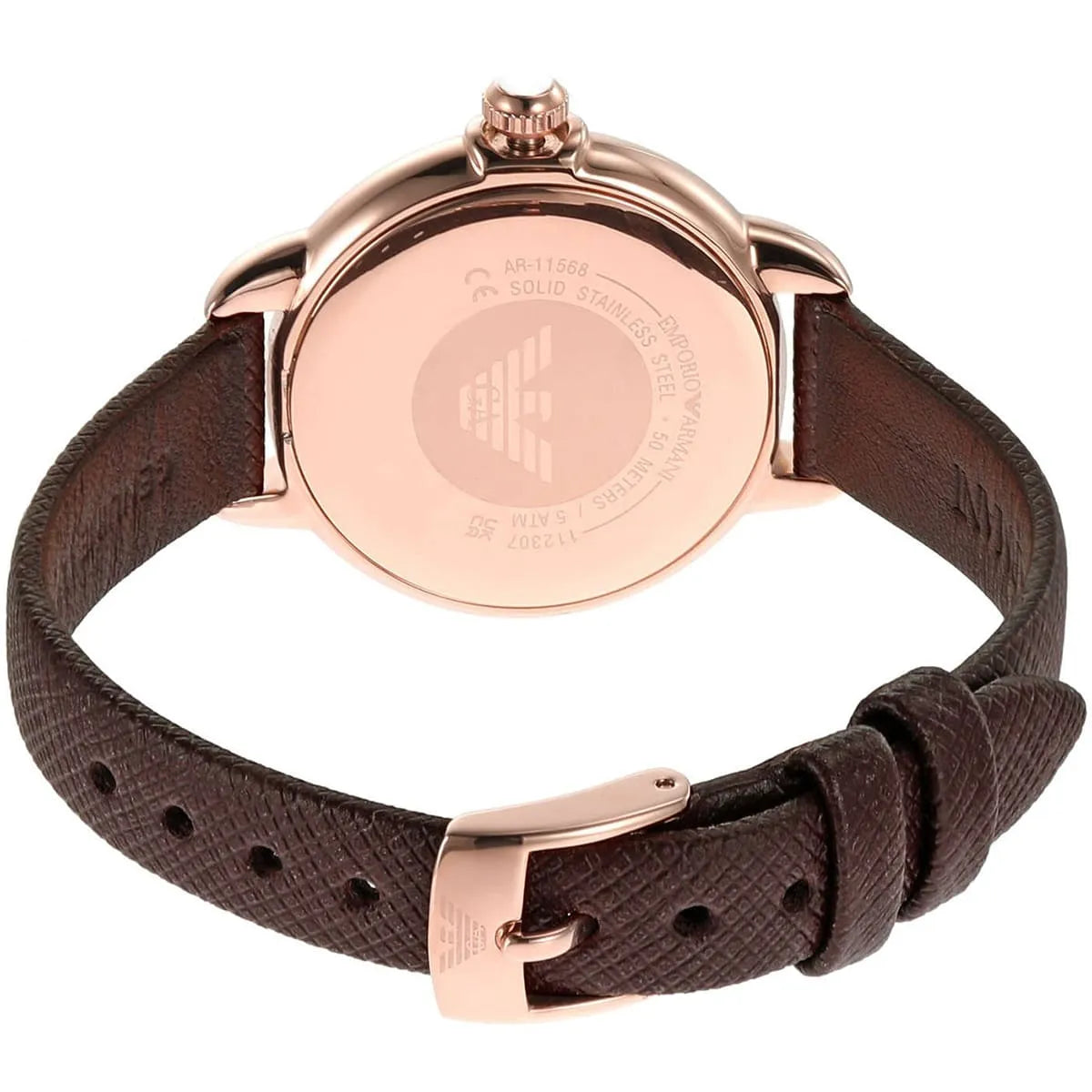Top view of Emporio Armani Mia watch showing rose gold case, diamond bezel, and silver dial