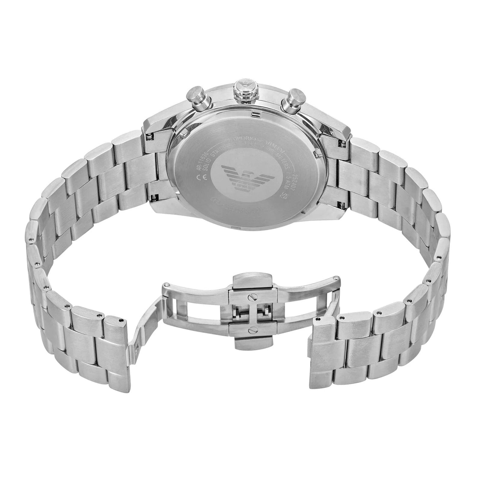 Emporio Armani Racer AR11636 caseback showing stainless steel with eagle logo