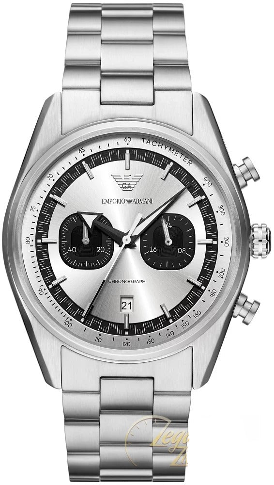 Emporio Armani Racer AR11636 silver chronograph watch with white dial and black subdials
