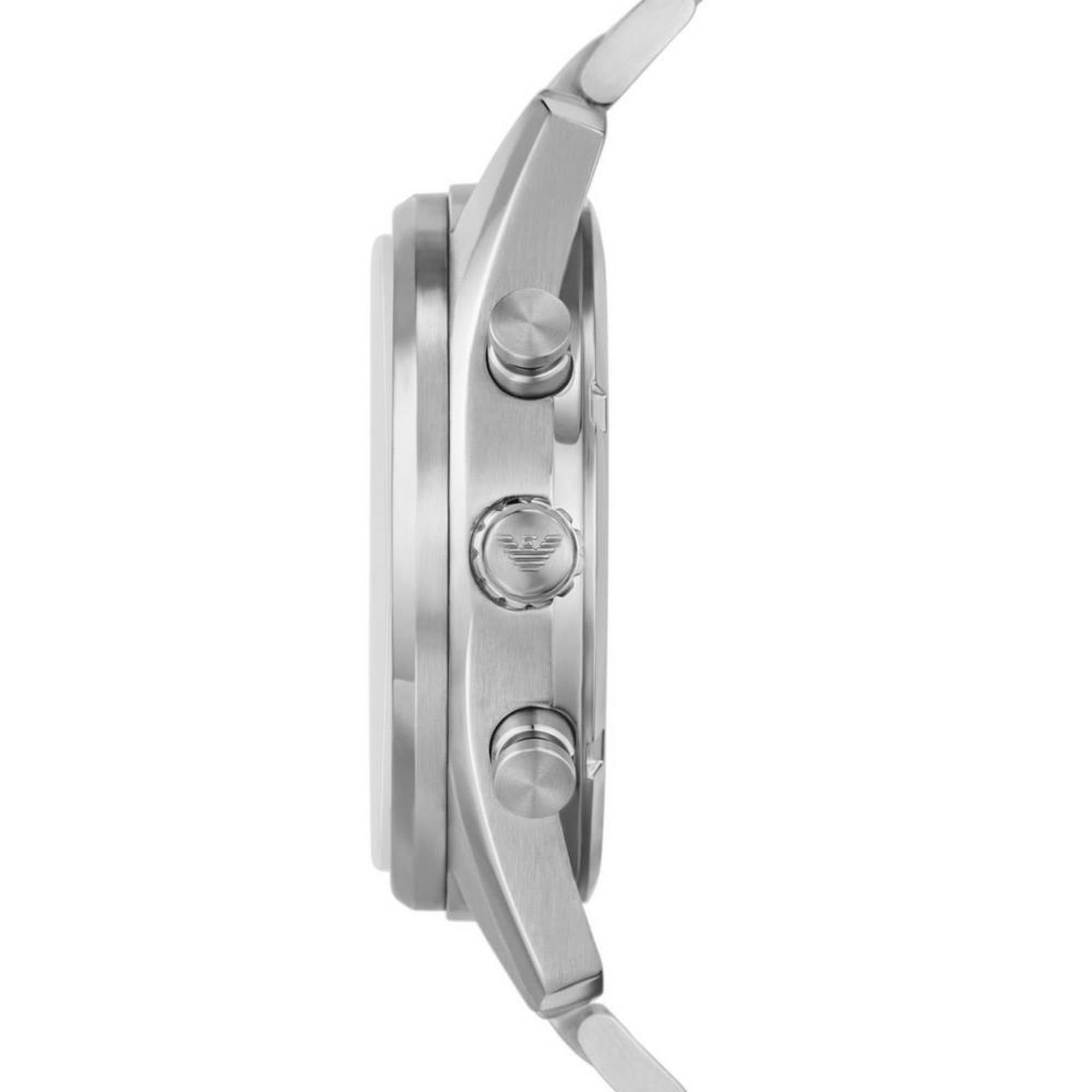 Emporio Armani Racer AR11636 side profile showing silver case and chronograph pushers