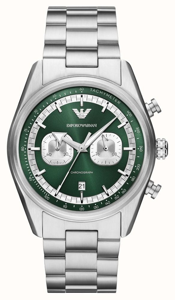 Emporio Armani Racer chronograph watch with green dial and silver stainless steel bracelet