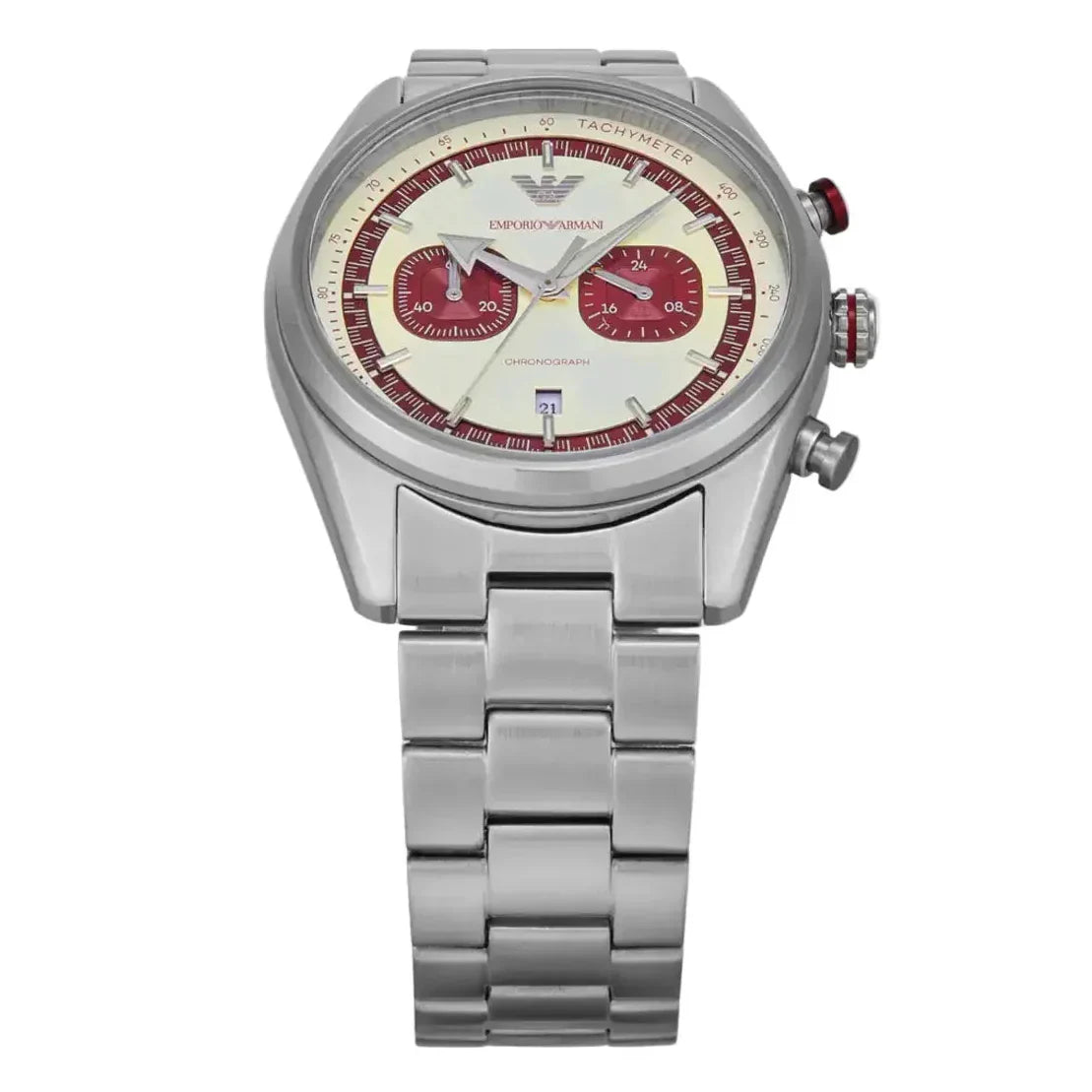 Emporio Armani Racer watch at angled view showing white dial and silver steel bracelet detail
