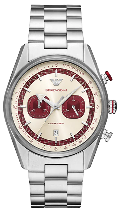 Emporio Armani Racer chronograph watch with white dial, burgundy subdials, and silver steel bracelet