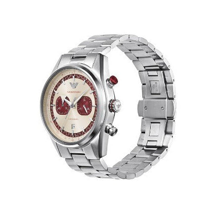 Emporio Armani Racer chronograph on wrist showing white dial with burgundy subdials and silver strap