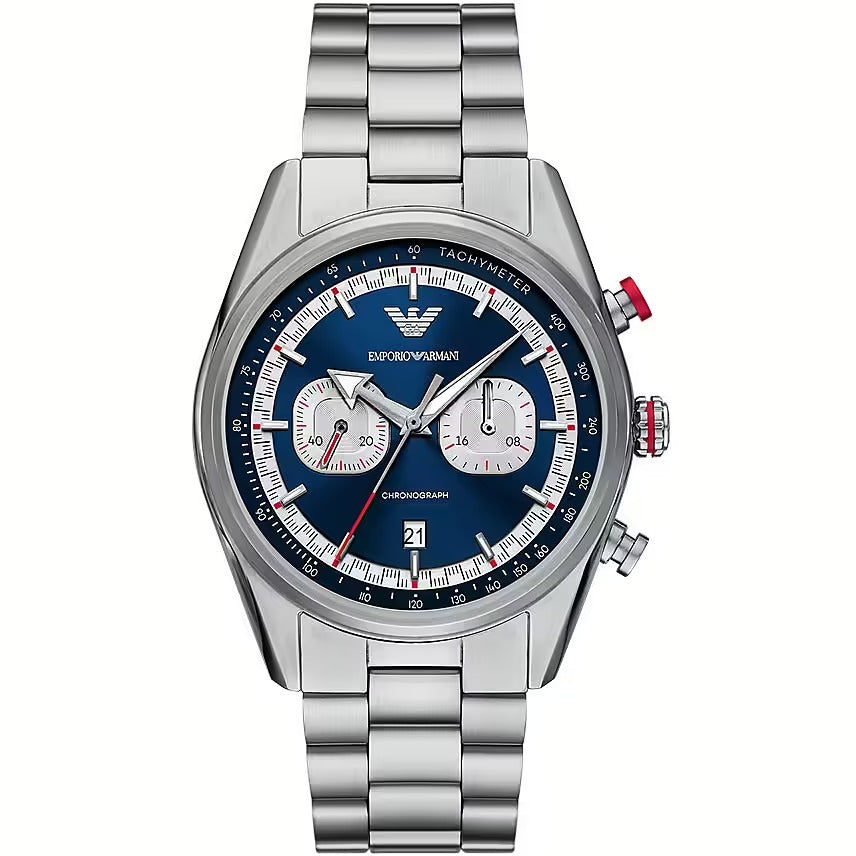 Emporio Armani Racer chronograph men's watch with blue dial, white subdials, and stainless steel bracelet