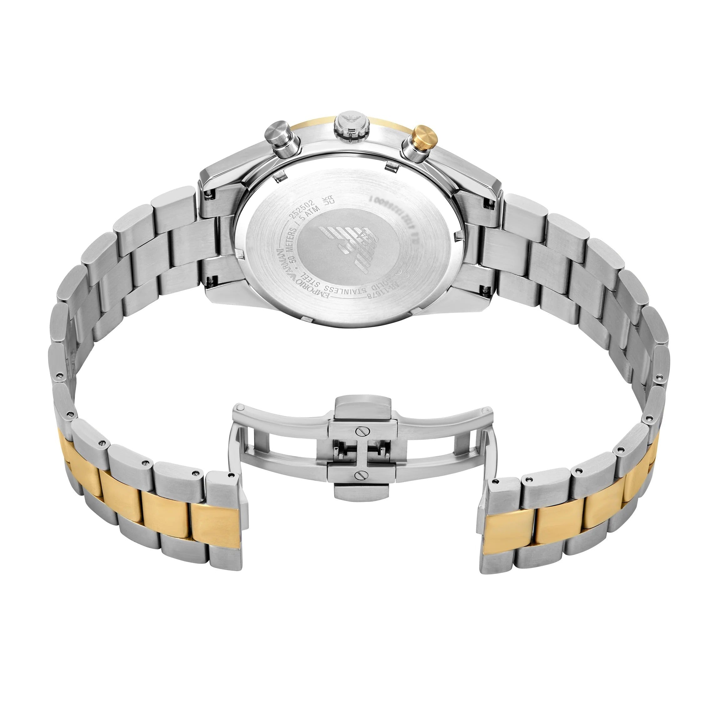 Case back view of Emporio Armani Racer chronograph showing two-tone steel strap and clasp