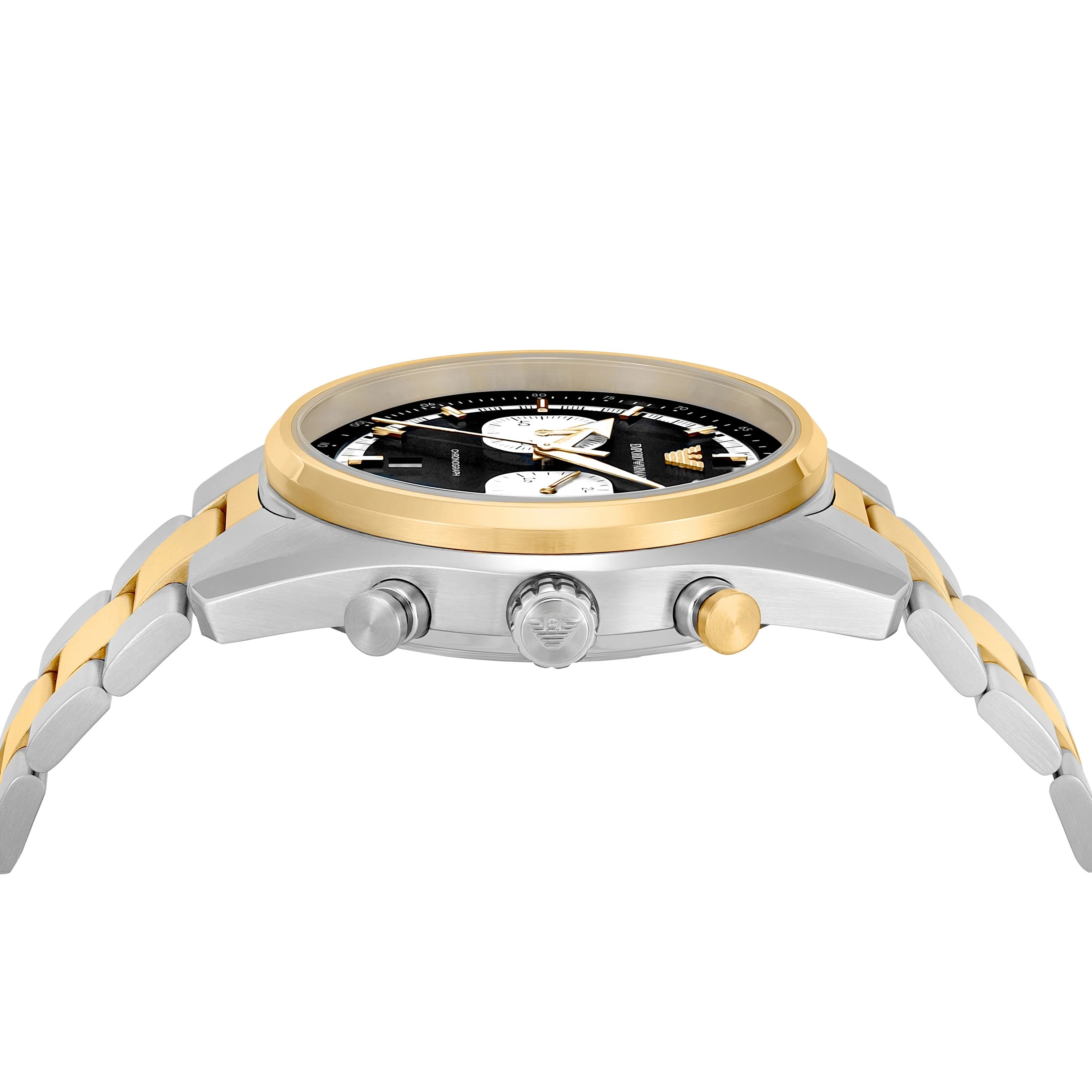 Overhead view of Emporio Armani Racer chronograph watch face and two-tone bracelet