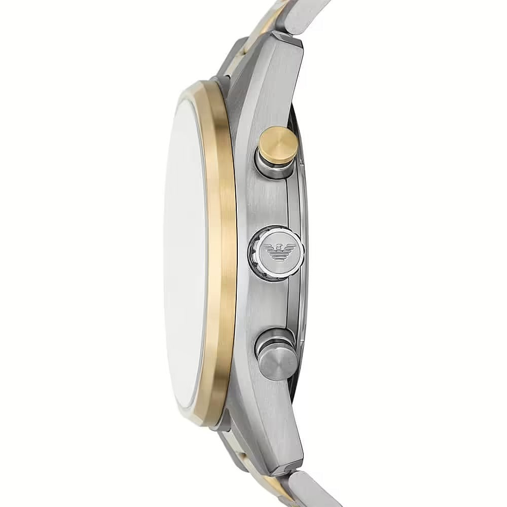 Side profile of Emporio Armani Racer chronograph showing bezel, pushers, and bracelet construction