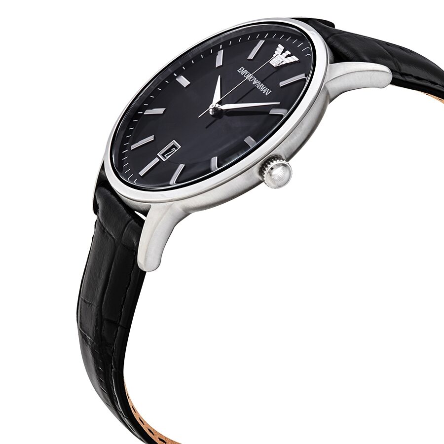 Side angle view of Emporio Armani Renato watch showing black crocodile-textured leather strap and silver-tone case