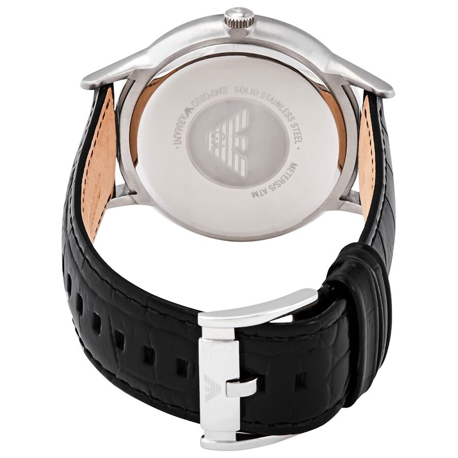 Caseback view of Emporio Armani Renato showing stainless steel case and black leather strap with tan interior