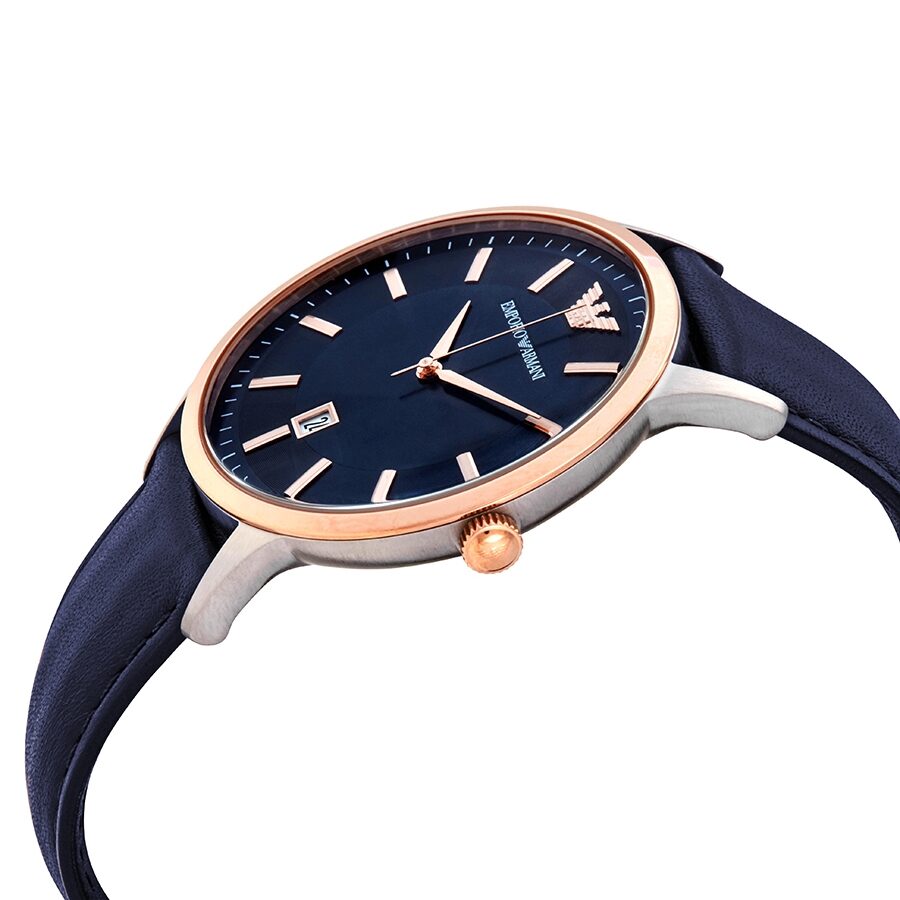 Side angle view of Emporio Armani Renato AR11188 showing blue dial, rose gold and silver case, and navy leather strap