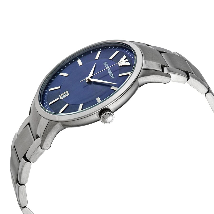 Emporio Armani Renato AR2477 side profile showing blue dial and stainless steel case