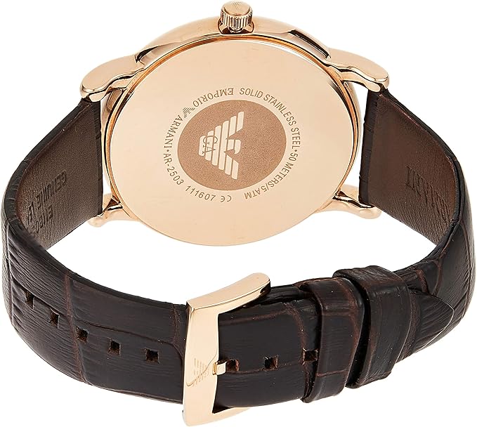 Emporio Armani Renato AR2504 caseback showing engraved eagle logo and specifications