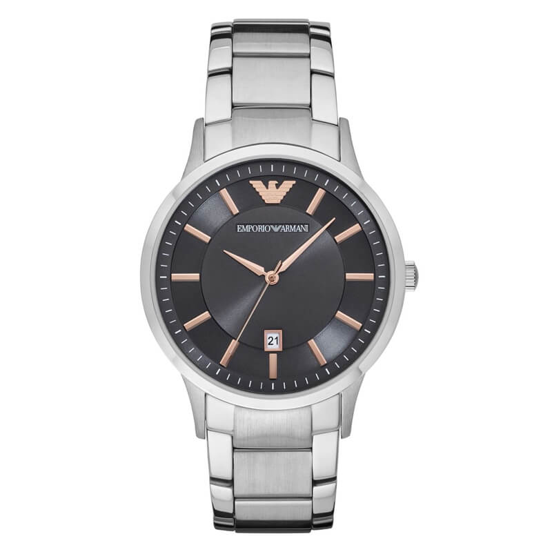 Emporio Armani Renato grey dial quartz watch with rose gold hands and steel bracelet