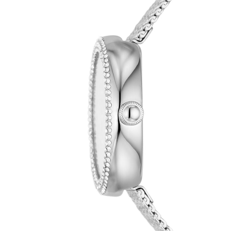 Side view of Emporio Armani Rosa watch showing case profile and crown with mesh strap
