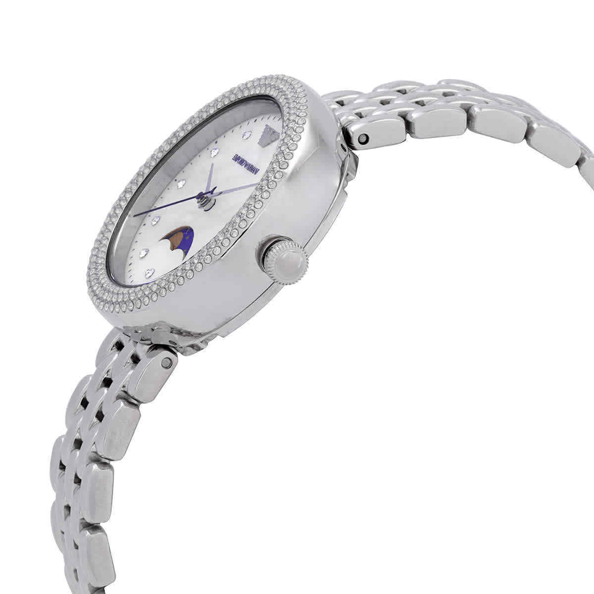Side angle view of Emporio Armani Rosa watch with stainless steel bracelet