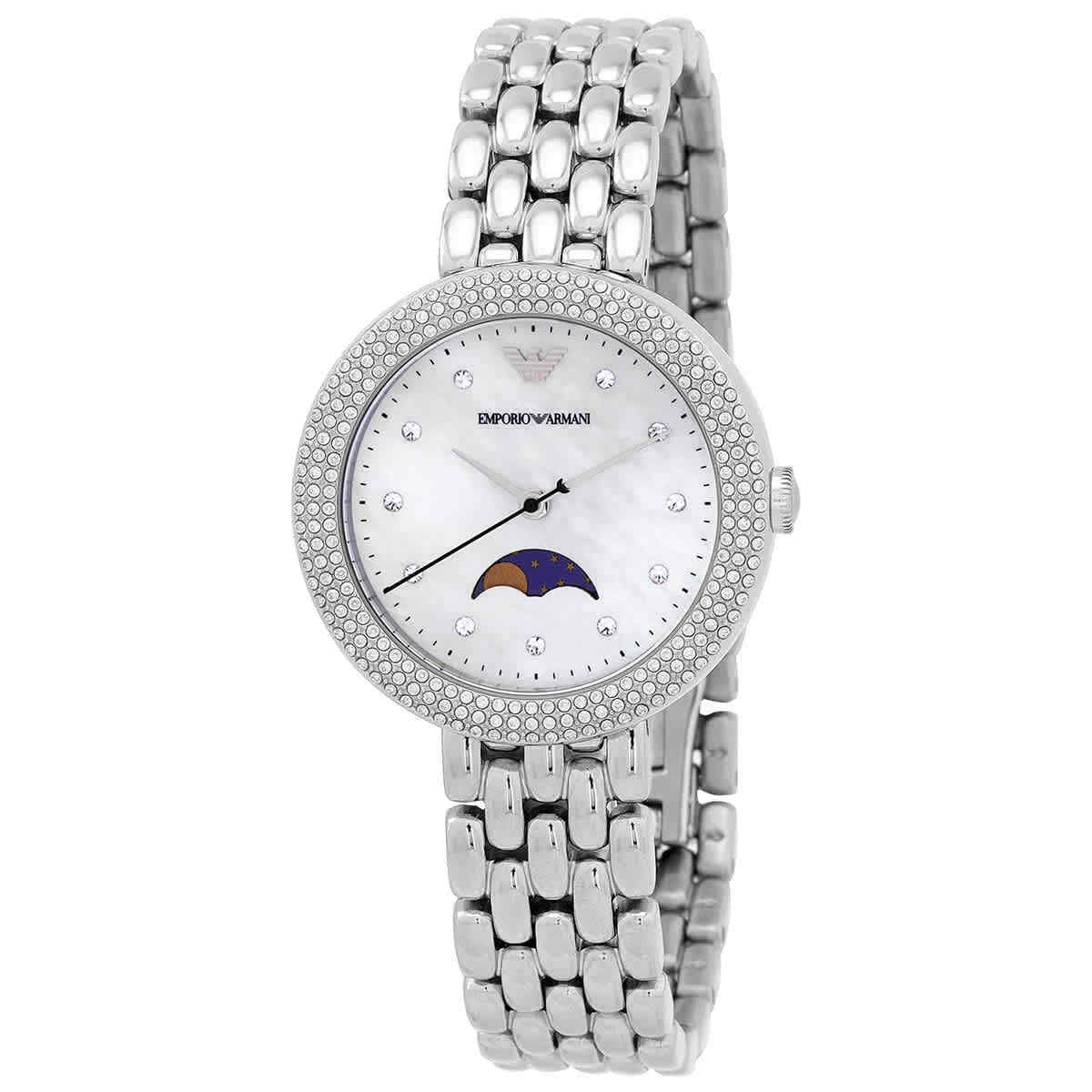 Emporio Armani Rosa quartz watch with white mother-of-pearl dial and crystal bezel