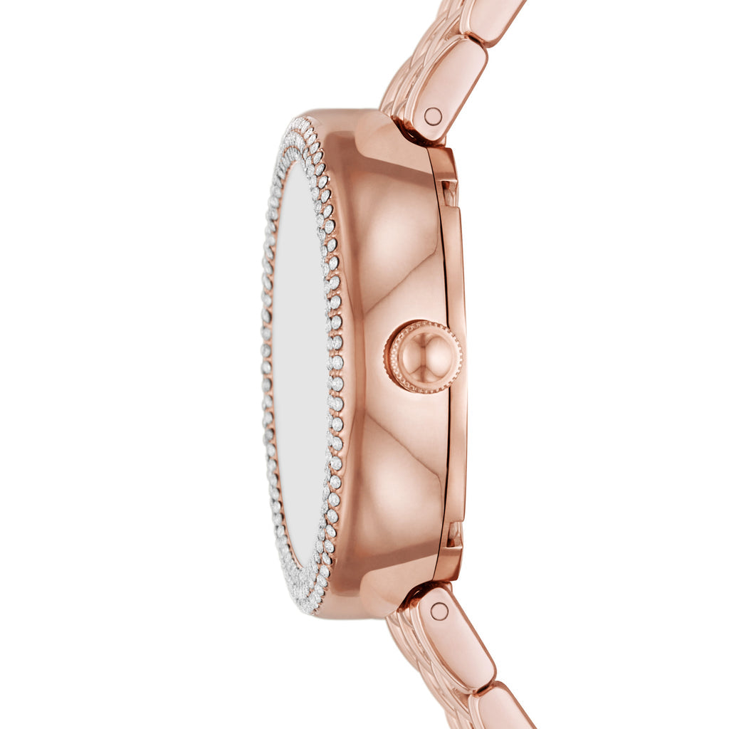Side view of Emporio Armani Rosa watch showing rose gold case and crystal-set bezel