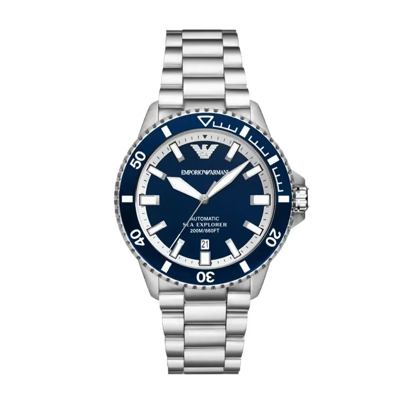 Emporio Armani Sea Explorer automatic watch with blue dial and stainless steel bracelet