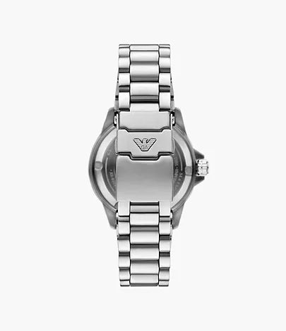 Caseback view of Sea Explorer watch showing Emporio Armani logo and stainless steel construction