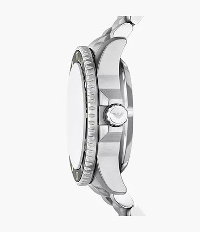 Side profile of Sea Explorer watch displaying case depth and stainless steel bracelet
