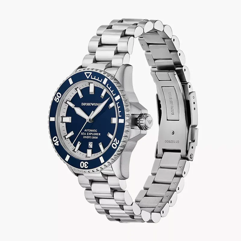 Sea Explorer watch shown from front and side angle with stainless steel strap detail