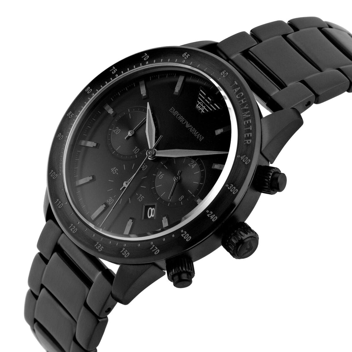 Emporio Armani AR11242 chronograph watch at angle showing black dial and stainless steel strap