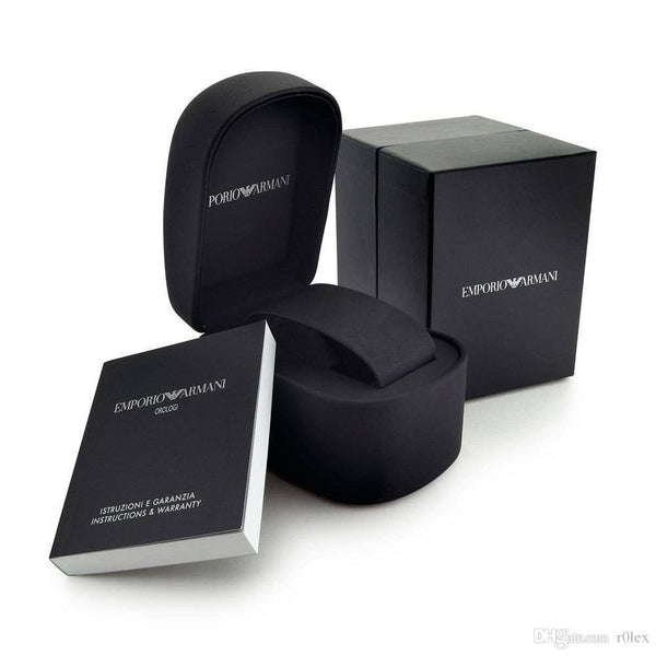Emporio Armani watch packaging with branded box, case, and instruction manual