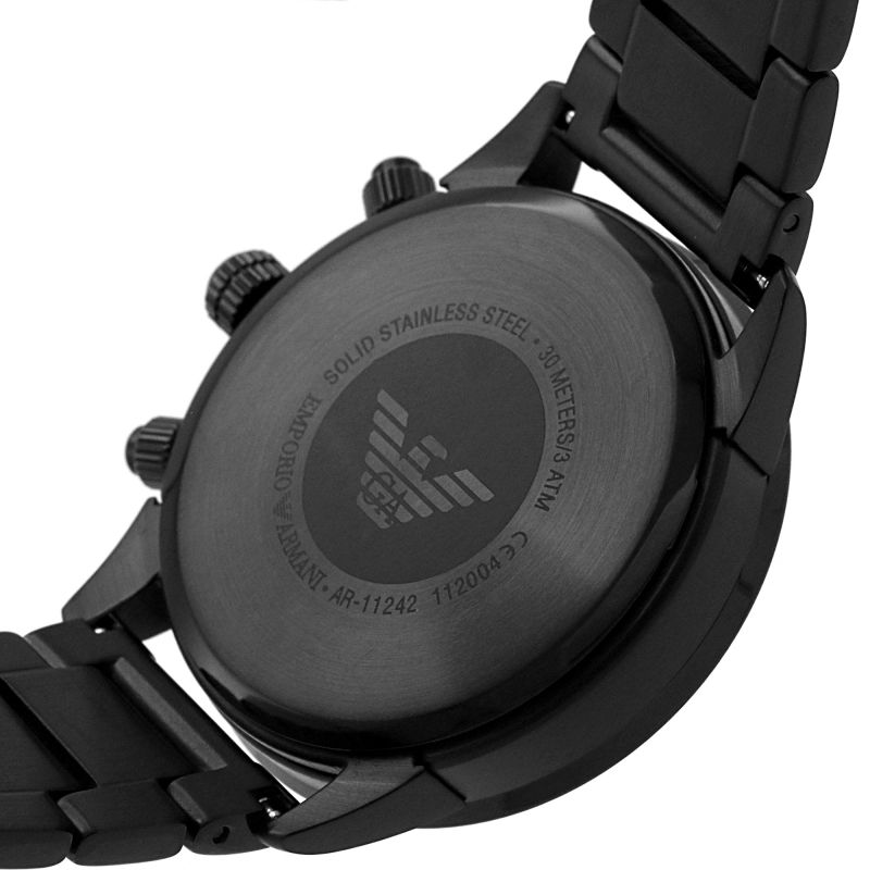 Emporio Armani AR11242 watch caseback with engraved stainless steel and model number visible