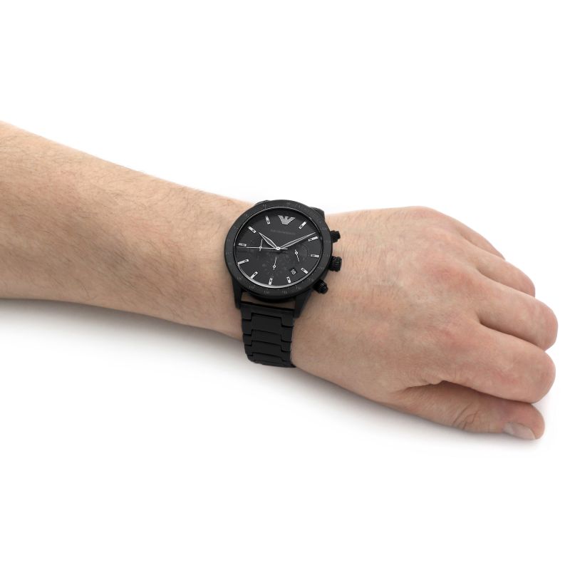 Emporio Armani Sport Chronograph black watch worn on wrist displaying full case and bracelet