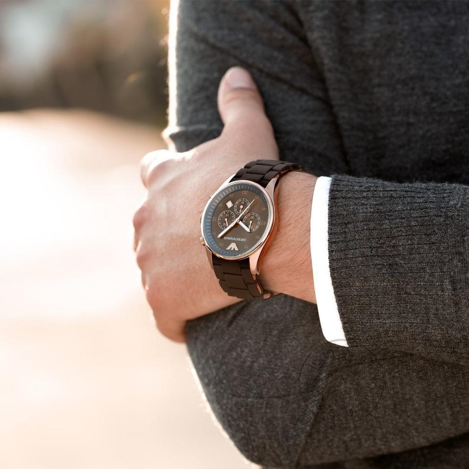 Emporio Armani Sport Chronograph AR5890 worn on wrist with brown rubber strap